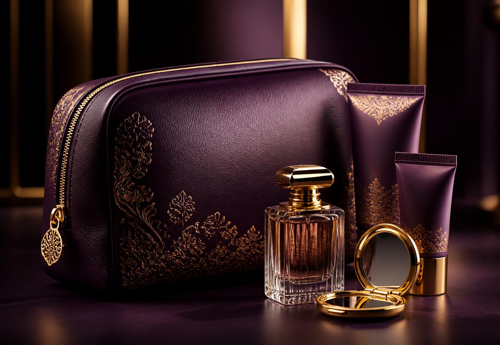Purple and gold luxury amenity pouch with fragrance and skincare